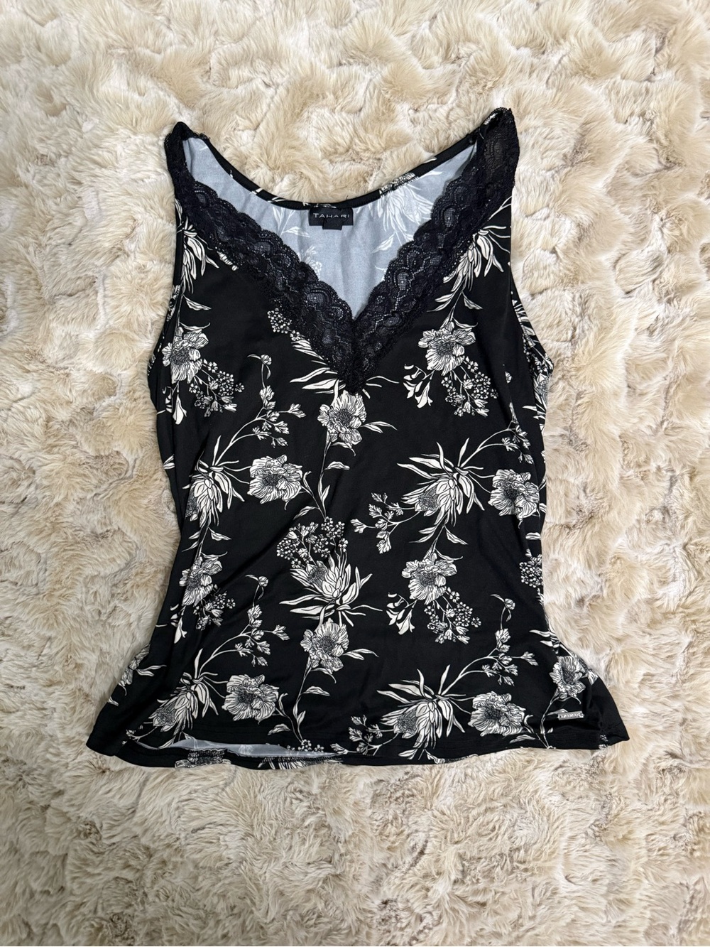 Tahari Black and White Floral Lace-Trim V-Neck Camisole